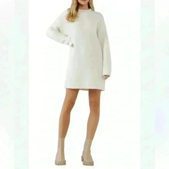 NWT English Factory White Ivory Crewneck Sweater Mini Dress Women’s Size Medium - Picture 1 of 5